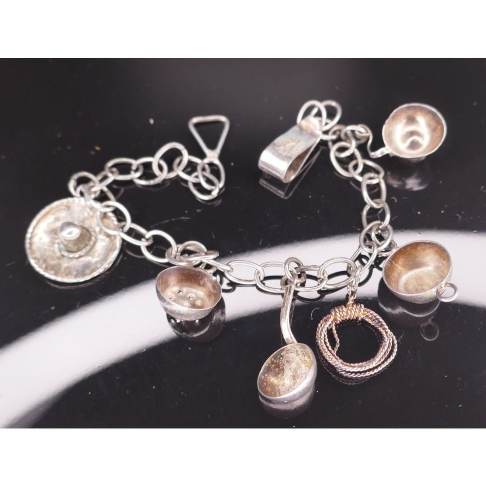 Vintage To Antique Pre Eagle Mexican Silver Cowboy Charm Bracelet